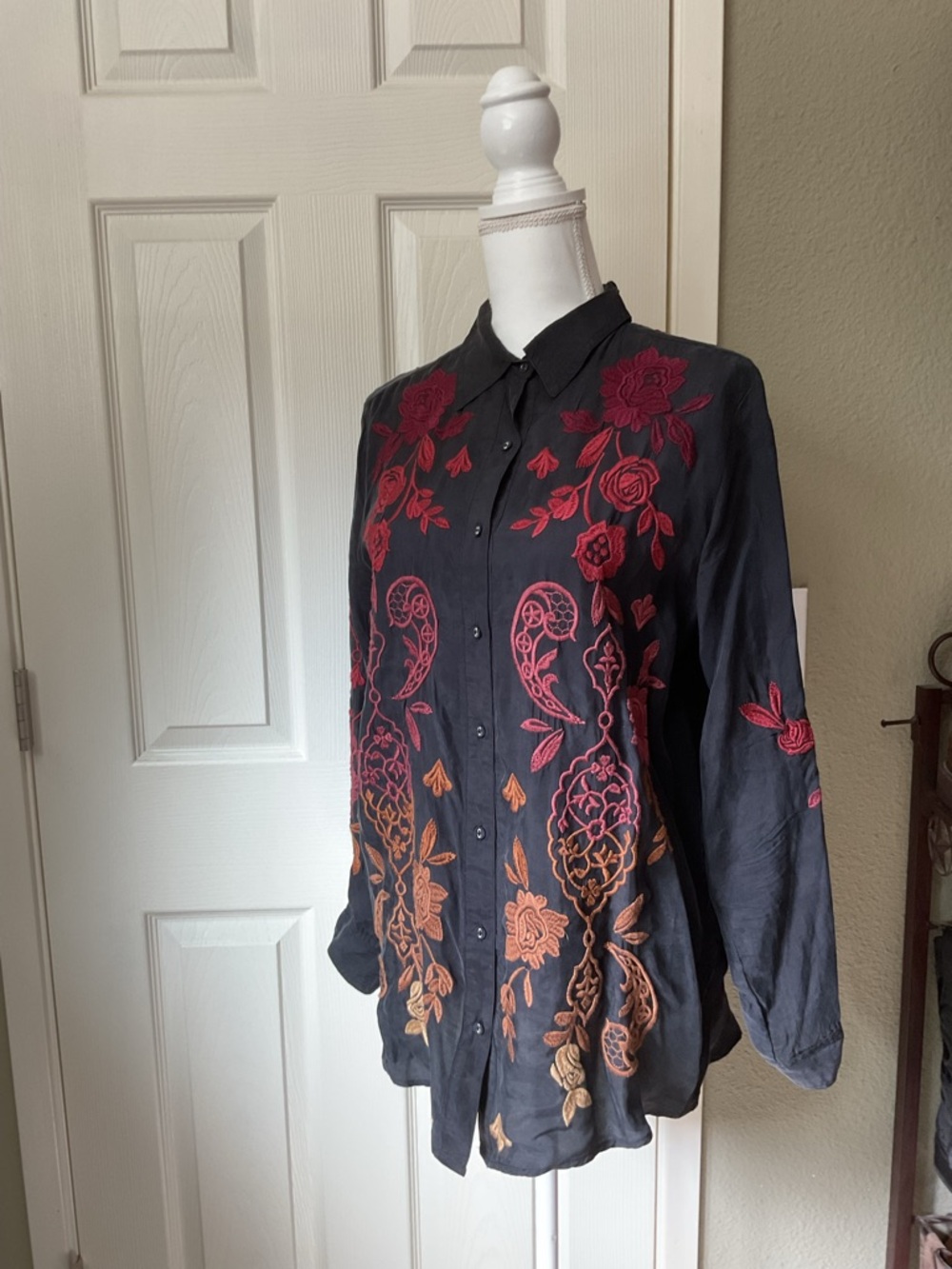 Johnny Was black blouse with orange dot accents